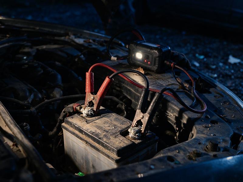 Jumper clamps attached to a car battery terminal with a portable jump pack, at night.