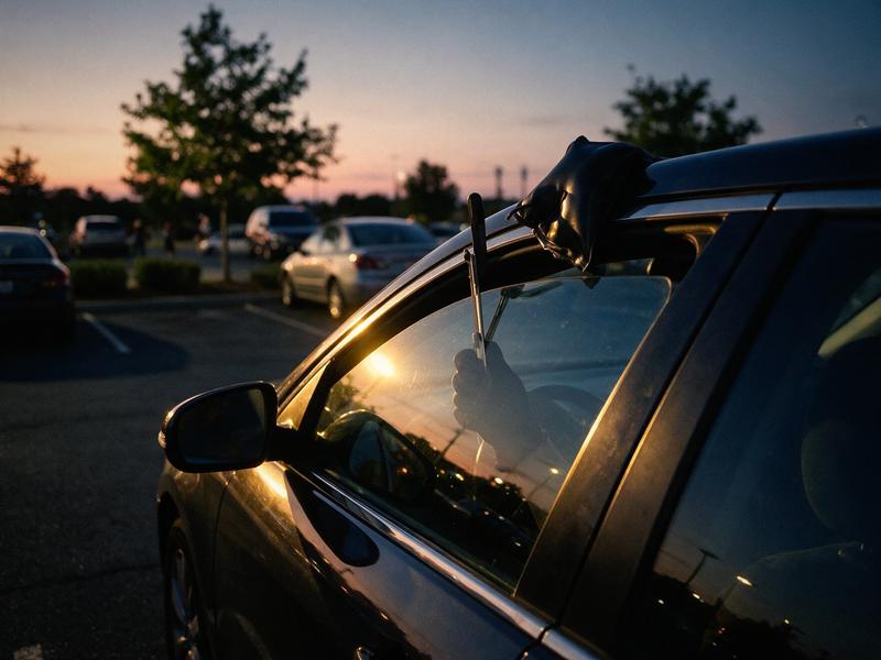 A long reach lockout tool being used at the top edge of a car door window at dusk.