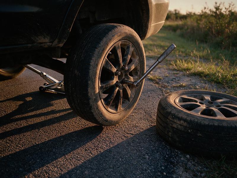 A lug wrench and a spare wheel beside a car raised on a jack at the roadside.